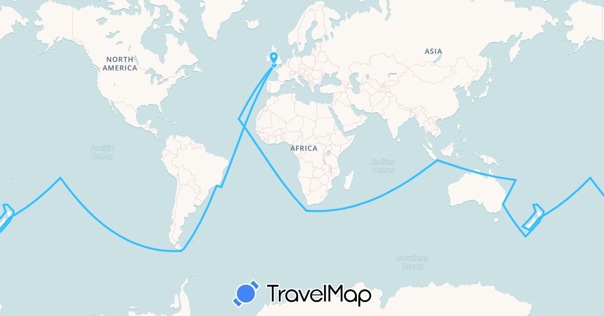 TravelMap itinerary: driving, boat in Australia, Brazil, Chile, United Kingdom, Indonesia, New Zealand, French Polynesia (Asia, Europe, Oceania, South America)